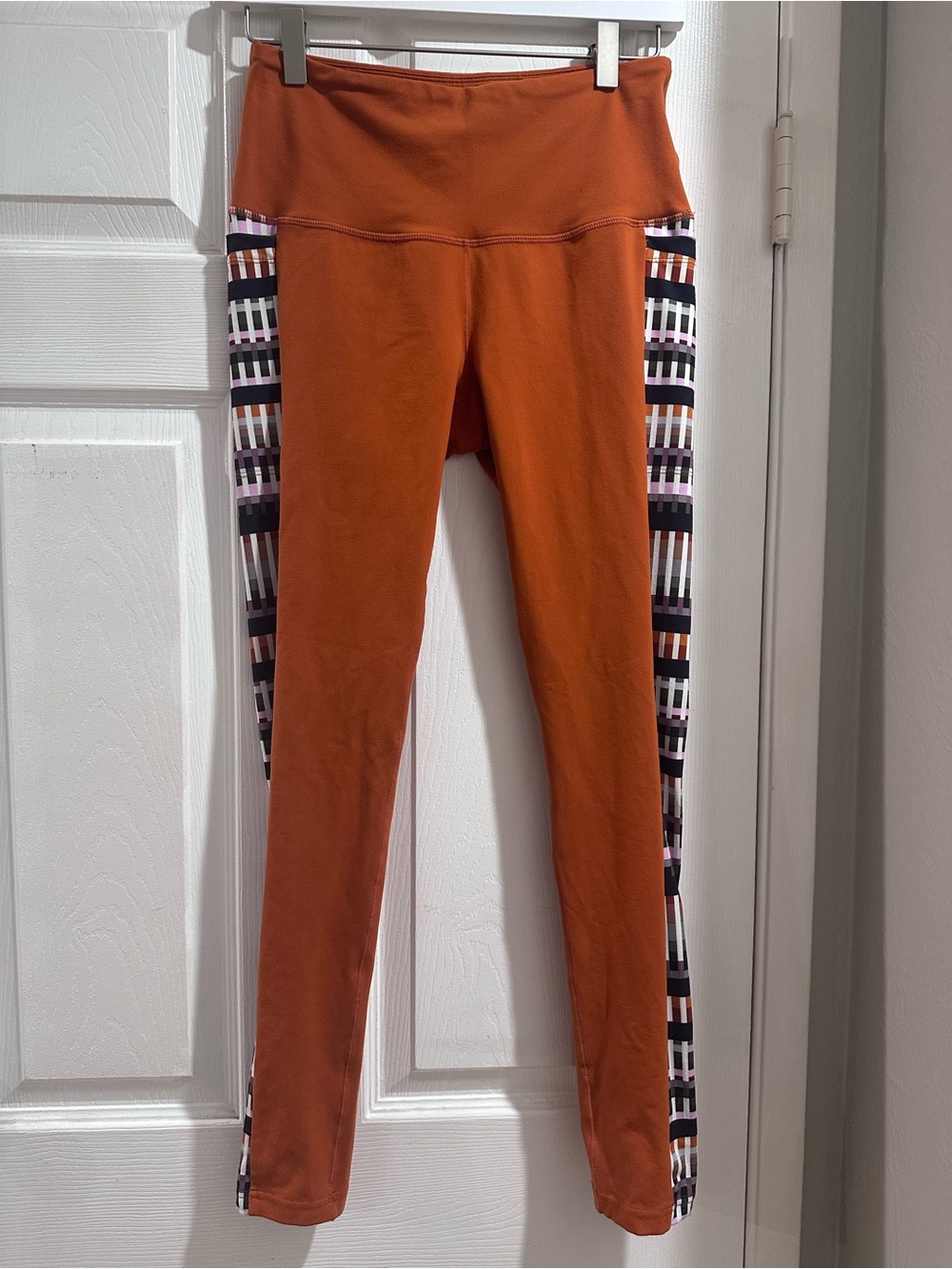 Prana Rust Orange Leggings with Patterned Side Panels